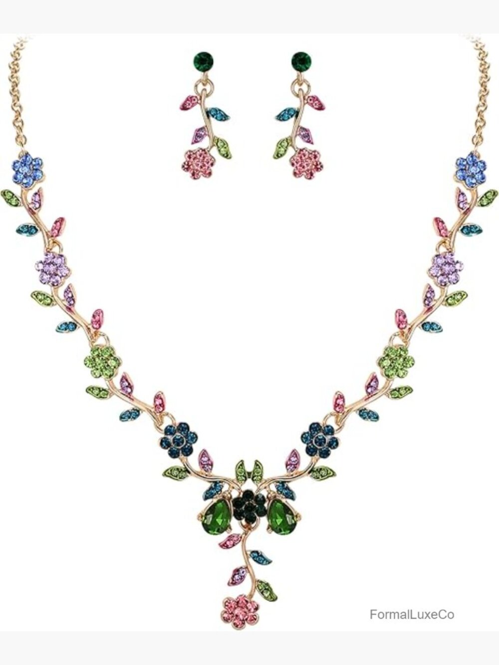 Leaf Flower Crystal Dangle Earring Necklace Set Bridal Jewelry